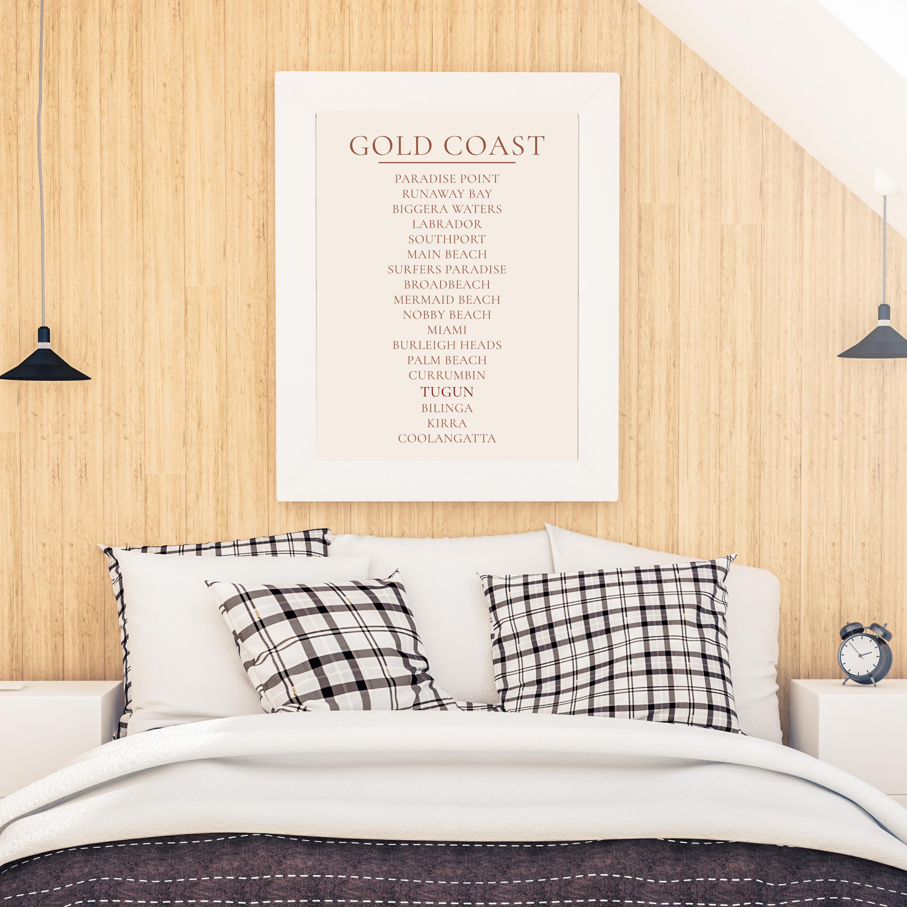 Gold Coast Print, Personalised Suburb Wall Art, Custom Coastline Poster, Warm Cream, A2 A3, Queensland Beach Decor, Housewarming Gift