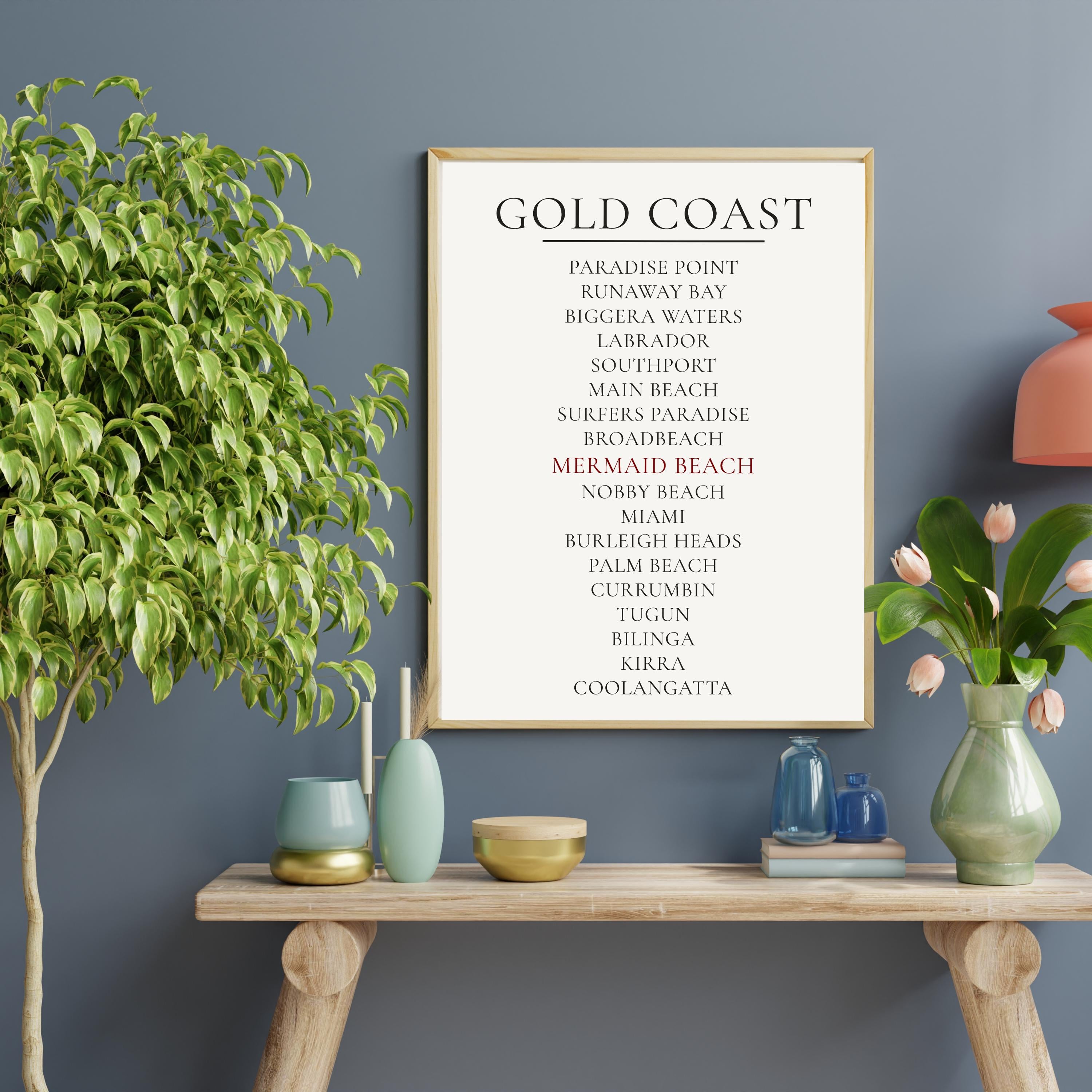 Gold Coast Print, Personalised Suburb Wall Art, Custom Coastline Poster, Soft Mono, A2 A3, Queensland Beach Decor, Housewarming Gift