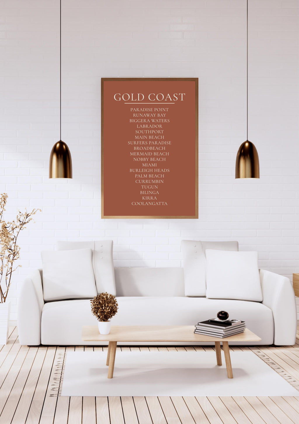Gold Coast Print, Personalised Suburb Wall Art, Custom Coastline Poster, Terracotta, A2 A3, Queensland Beach Decor, Housewarming Gift