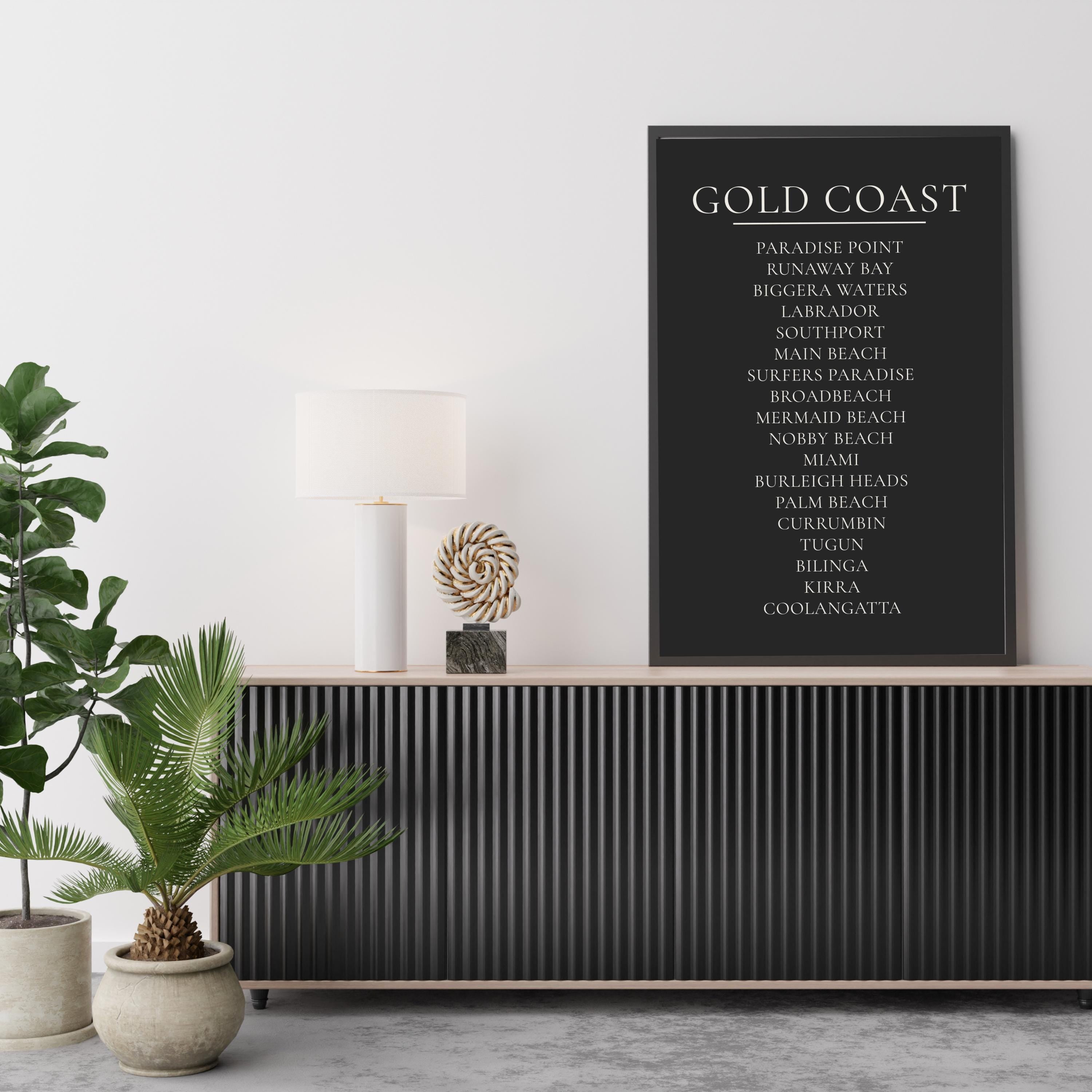 Gold Coast Print, Personalised Suburb Wall Art, Custom Coastline Poster, Charcoal, A2 A3, Queensland Beach Decor, Housewarming Gift