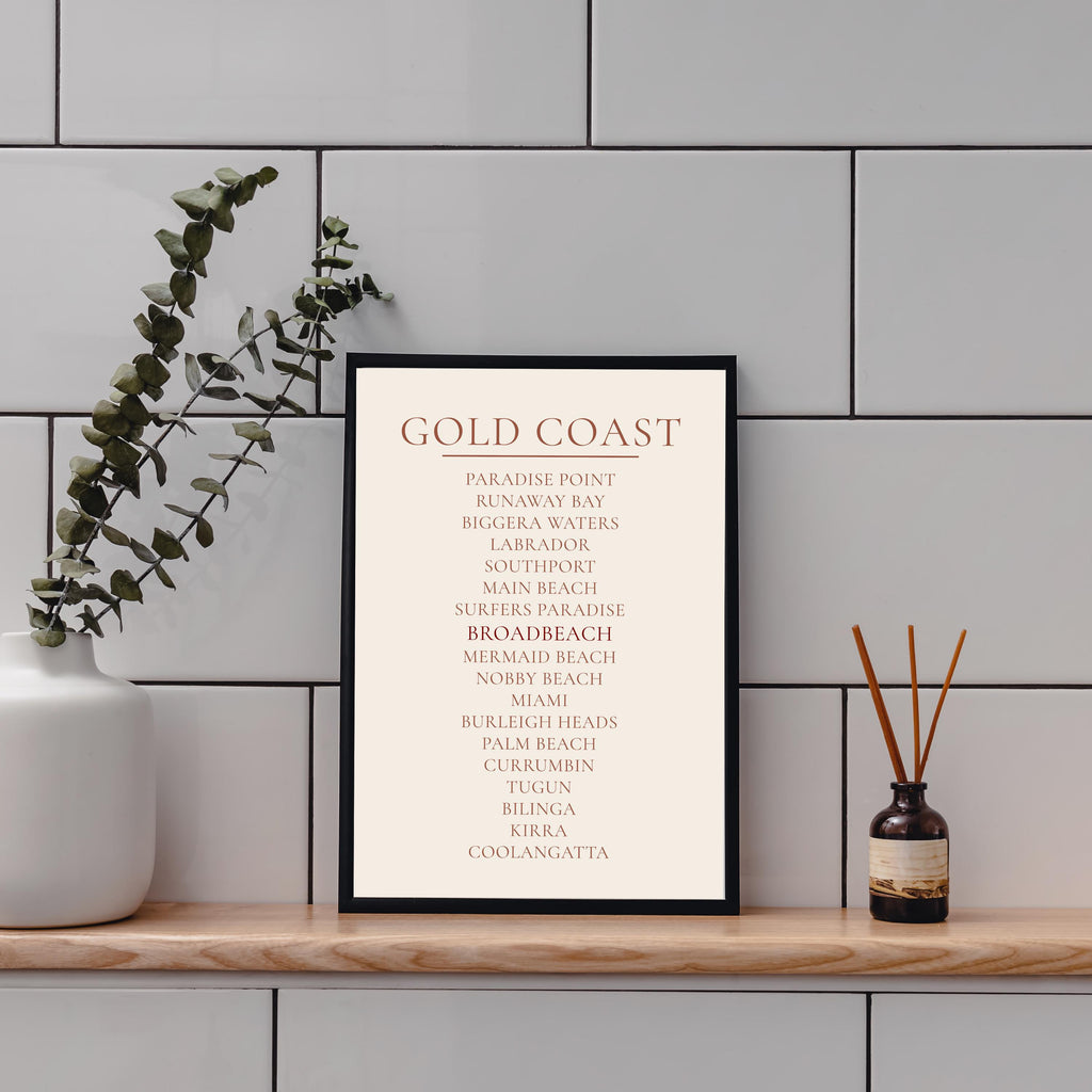 Gold Coast Print, Personalised Suburb Wall Art, Custom Coastline Poster, Warm Cream, A2 A3, Queensland Beach Decor, Housewarming Gift