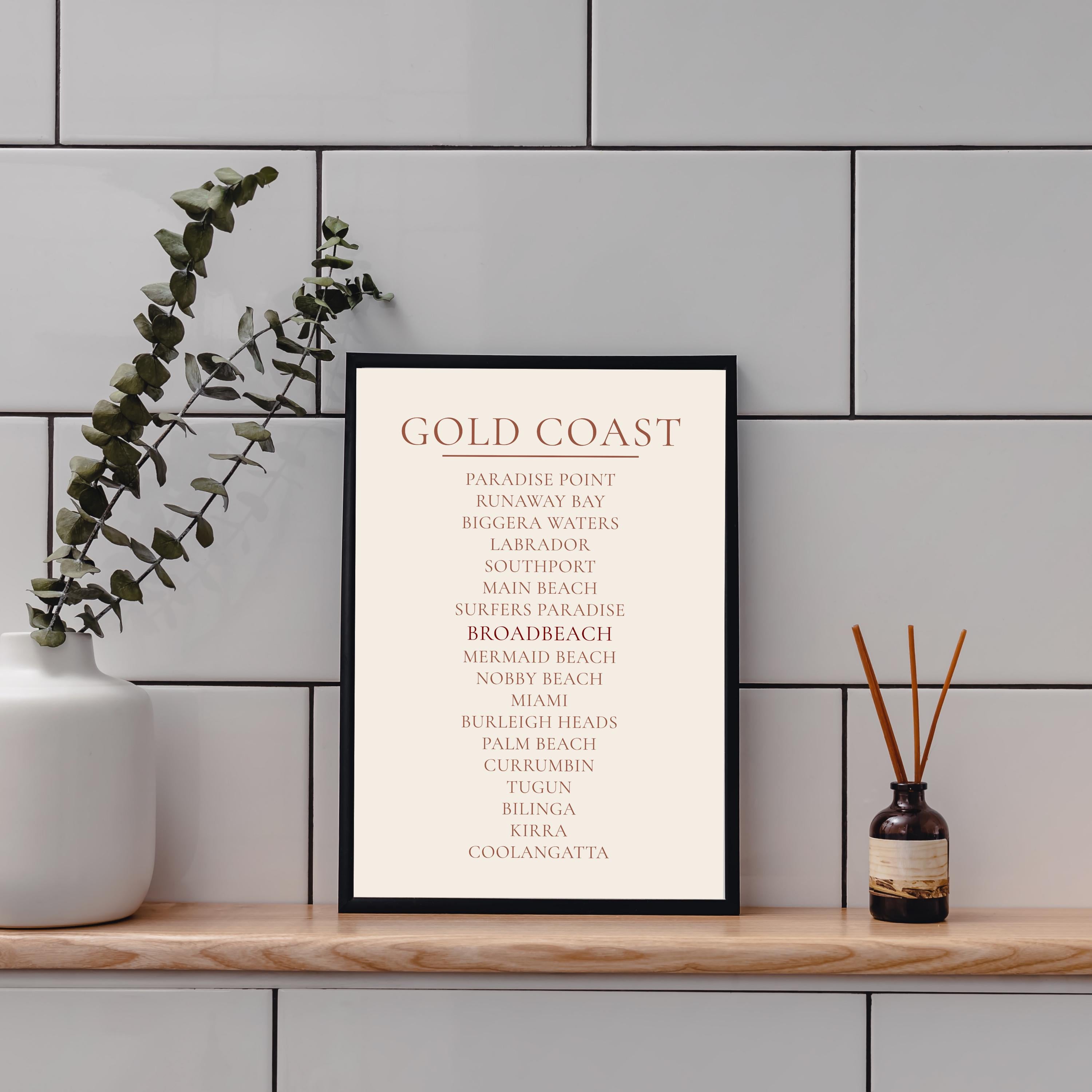 Gold Coast Print, Personalised Suburb Wall Art, Custom Coastline Poster, Warm Cream, A2 A3, Queensland Beach Decor, Housewarming Gift