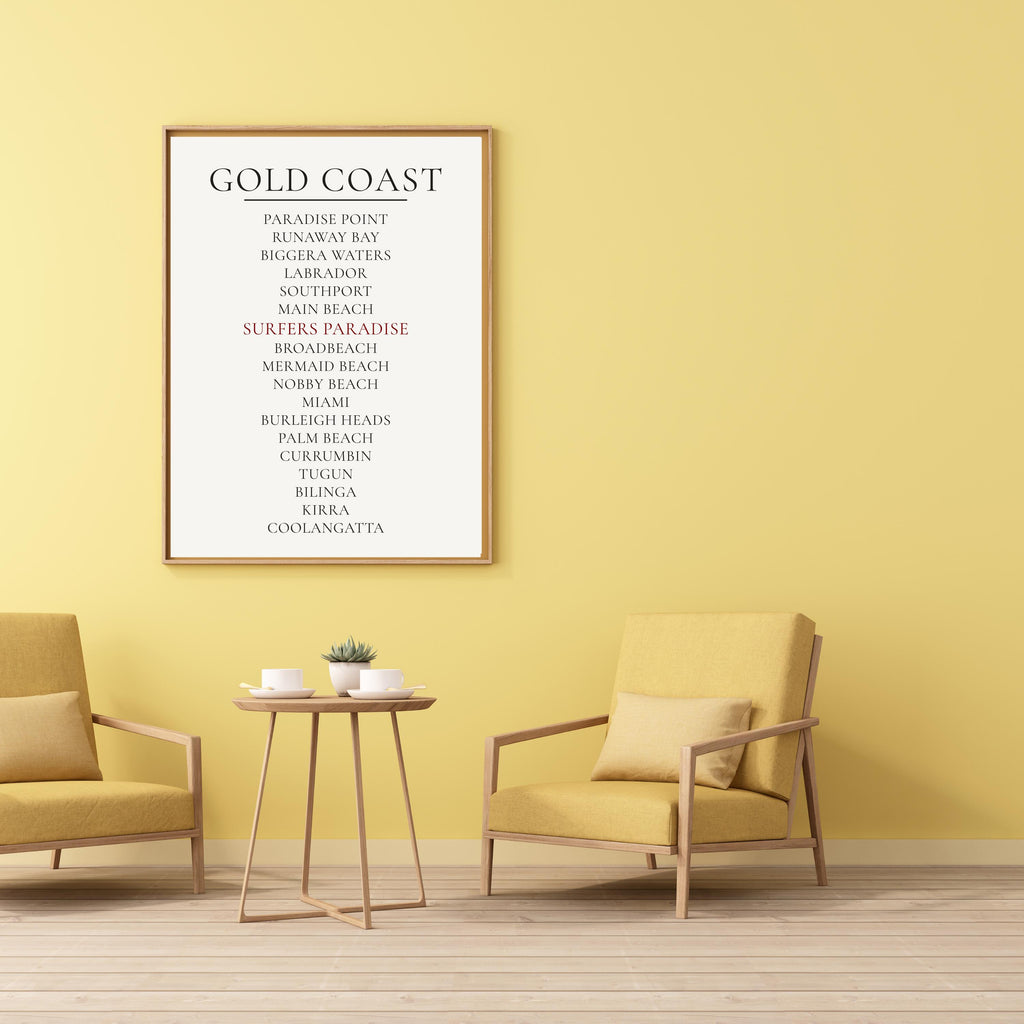 Gold Coast Print, Personalised Suburb Wall Art, Custom Coastline Poster, Soft Mono, A2 A3, Queensland Beach Decor, Housewarming Gift