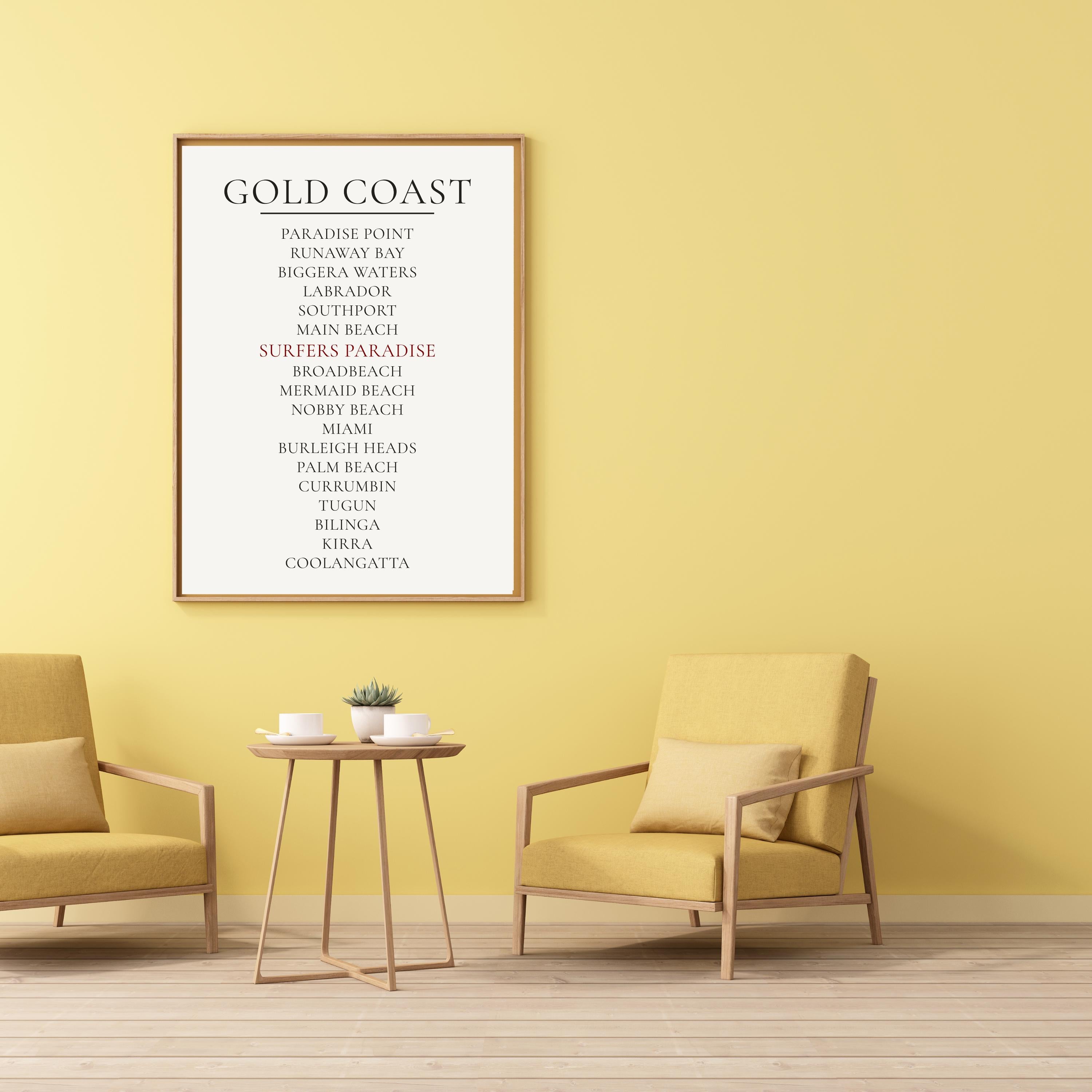 Gold Coast Print, Personalised Suburb Wall Art, Custom Coastline Poster, Soft Mono, A2 A3, Queensland Beach Decor, Housewarming Gift
