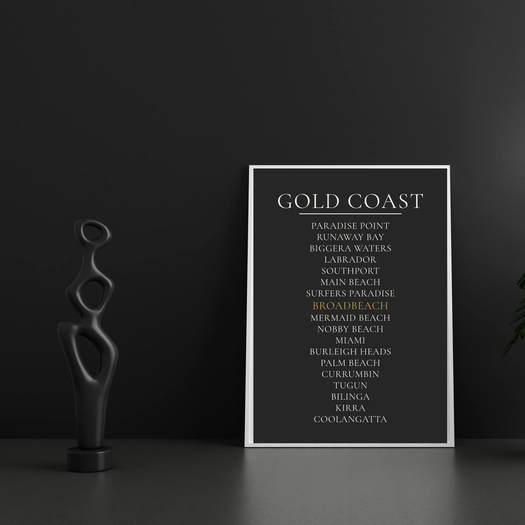 Gold Coast Print, Personalised Suburb Wall Art, Custom Coastline Poster, Charcoal, A2 A3, Queensland Beach Decor, Housewarming Gift
