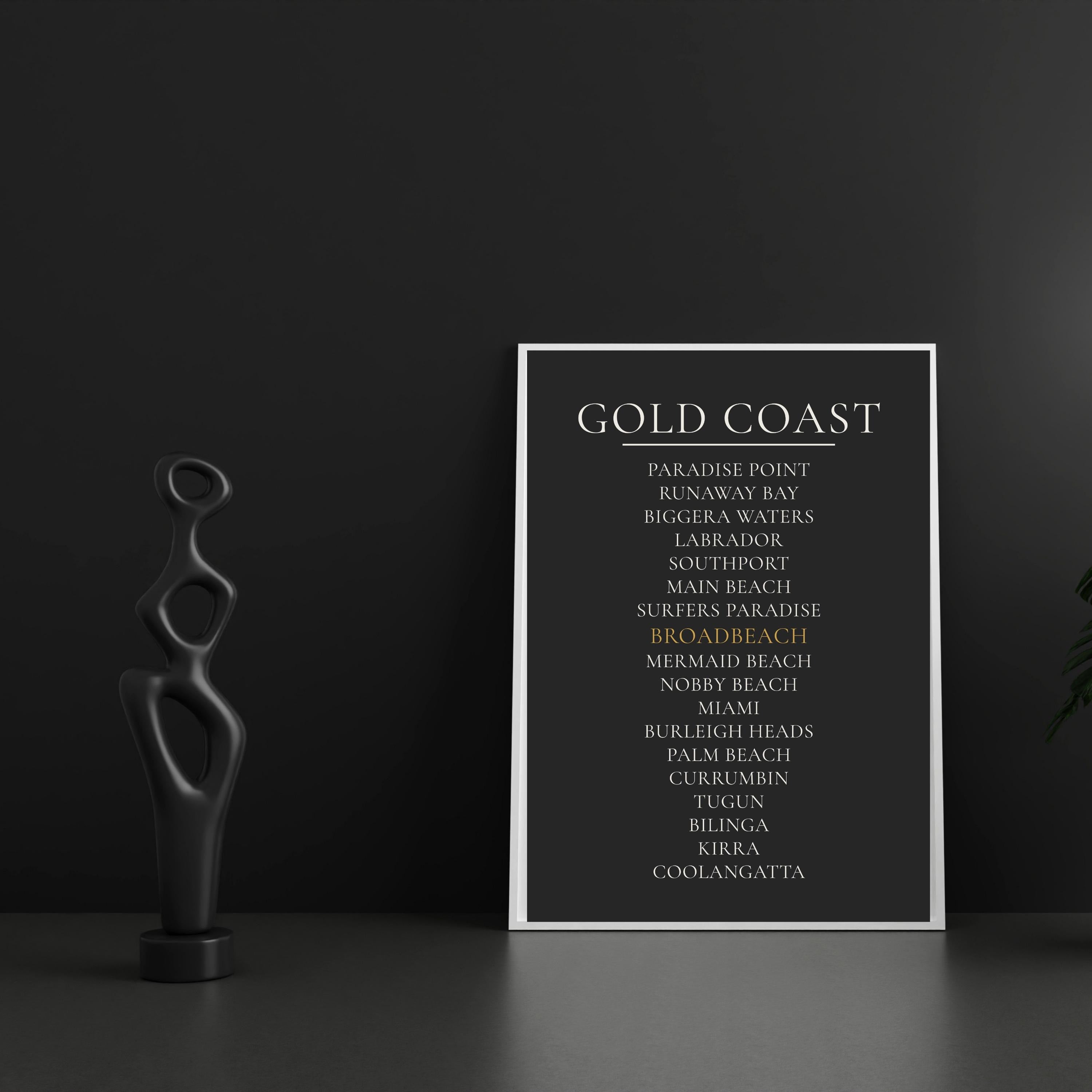 Gold Coast Print, Personalised Suburb Wall Art, Custom Coastline Poster, Charcoal, A2 A3, Queensland Beach Decor, Housewarming Gift
