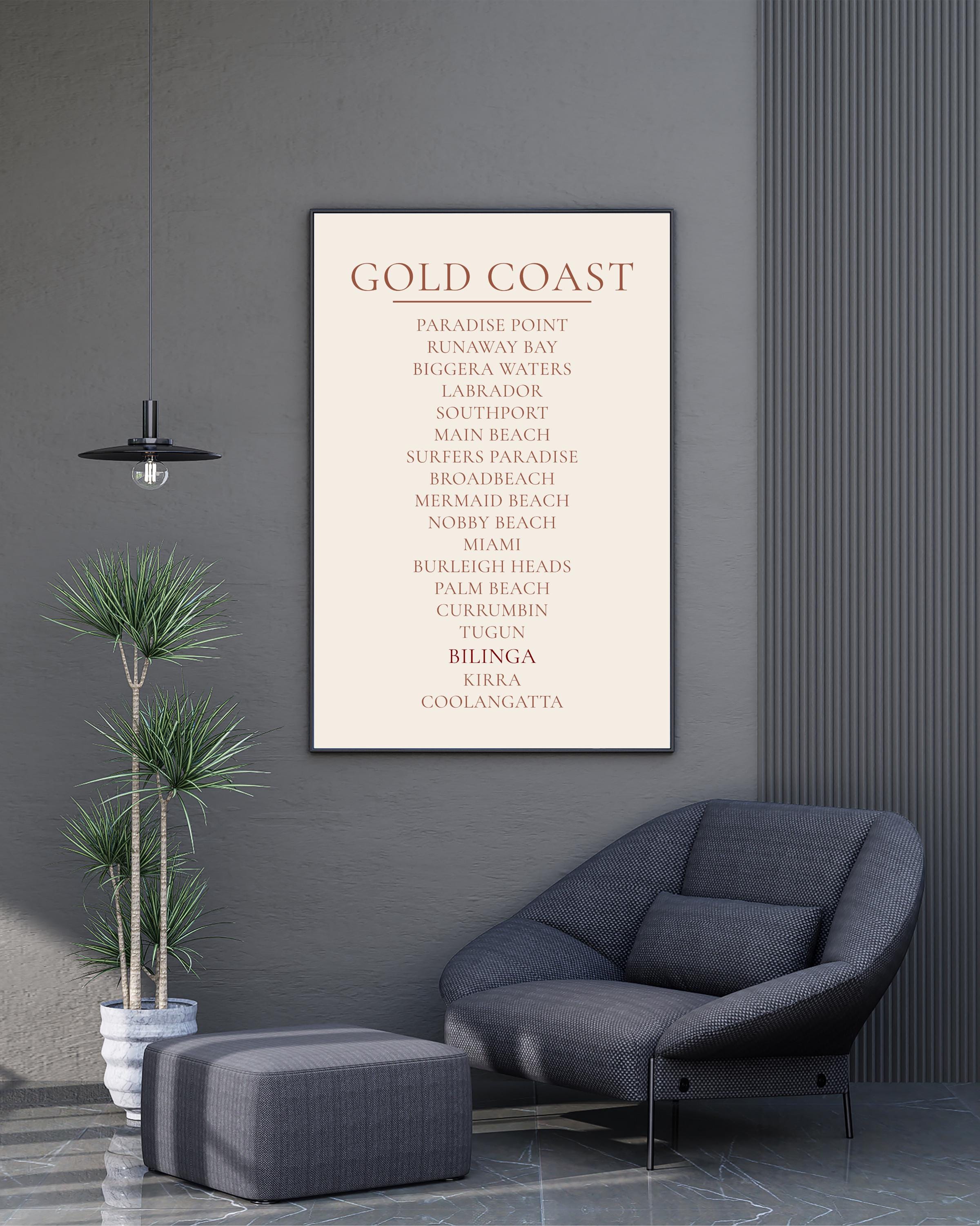 Gold Coast Print, Personalised Suburb Wall Art, Custom Coastline Poster, Warm Cream, A2 A3, Queensland Beach Decor, Housewarming Gift