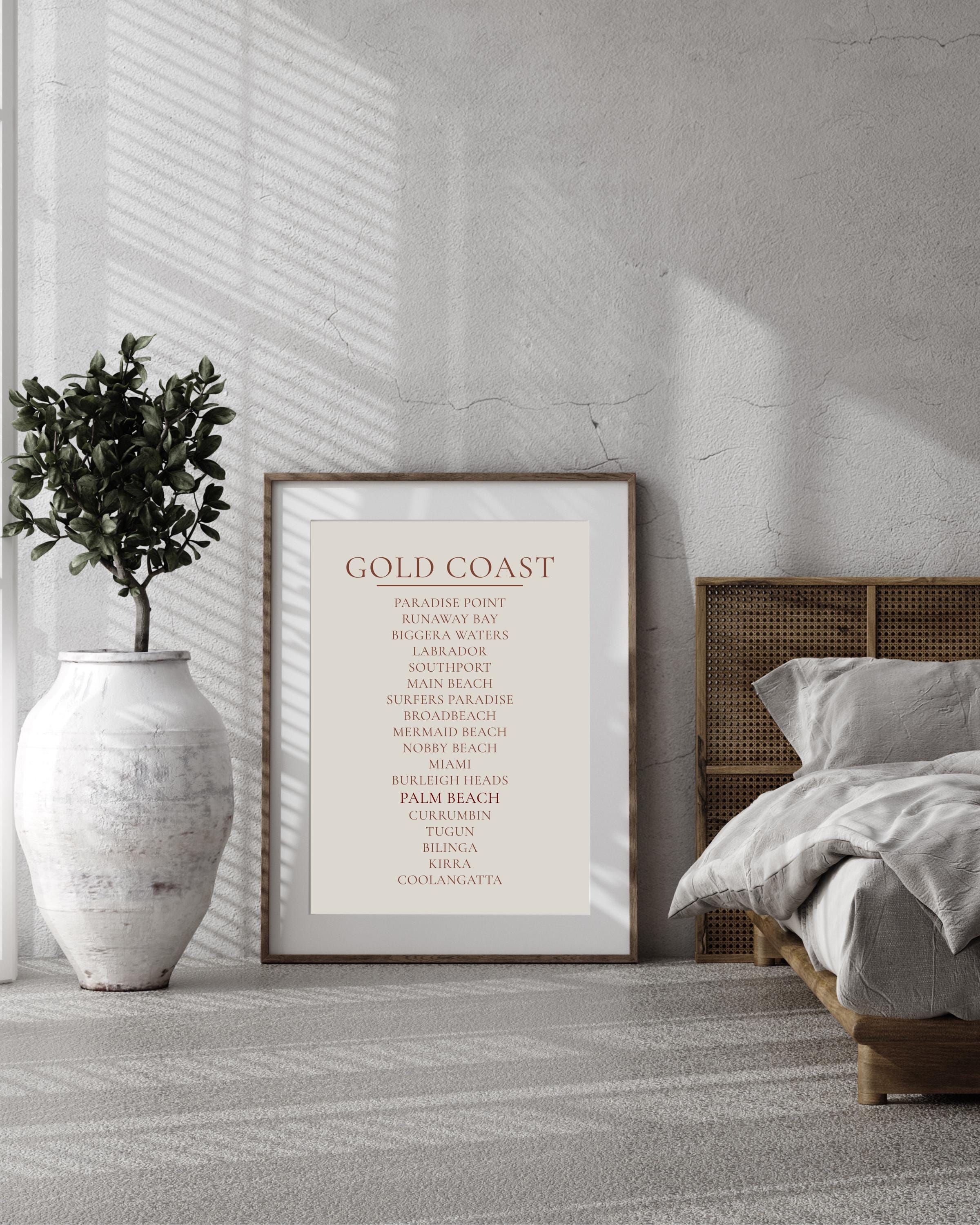 Gold Coast Print, Personalised Suburb Wall Art, Custom Coastline Poster, Warm Cream, A2 A3, Queensland Beach Decor, Housewarming Gift