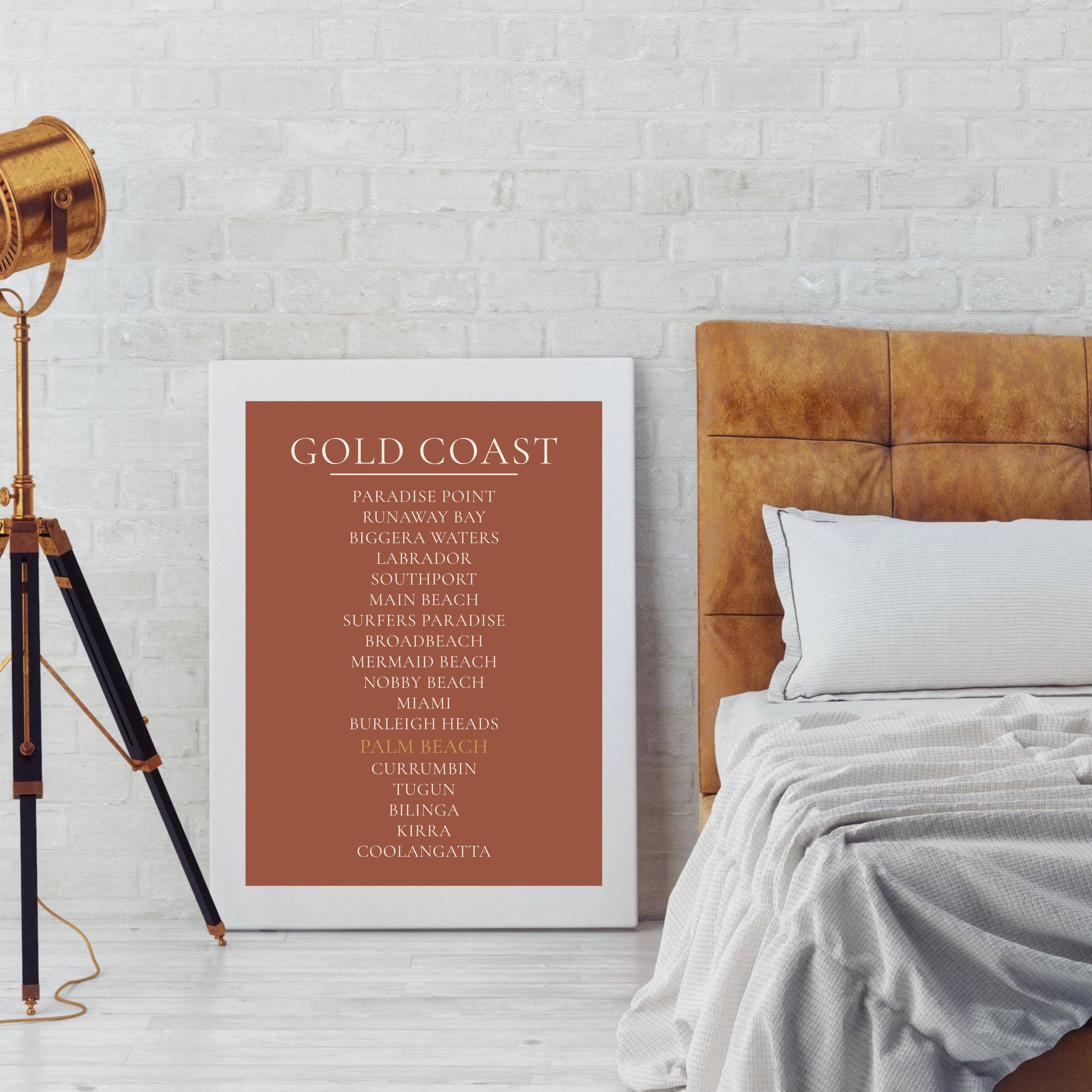 Gold Coast Print, Personalised Suburb Wall Art, Custom Coastline Poster, Terracotta, A2 A3, Queensland Beach Decor, Housewarming Gift