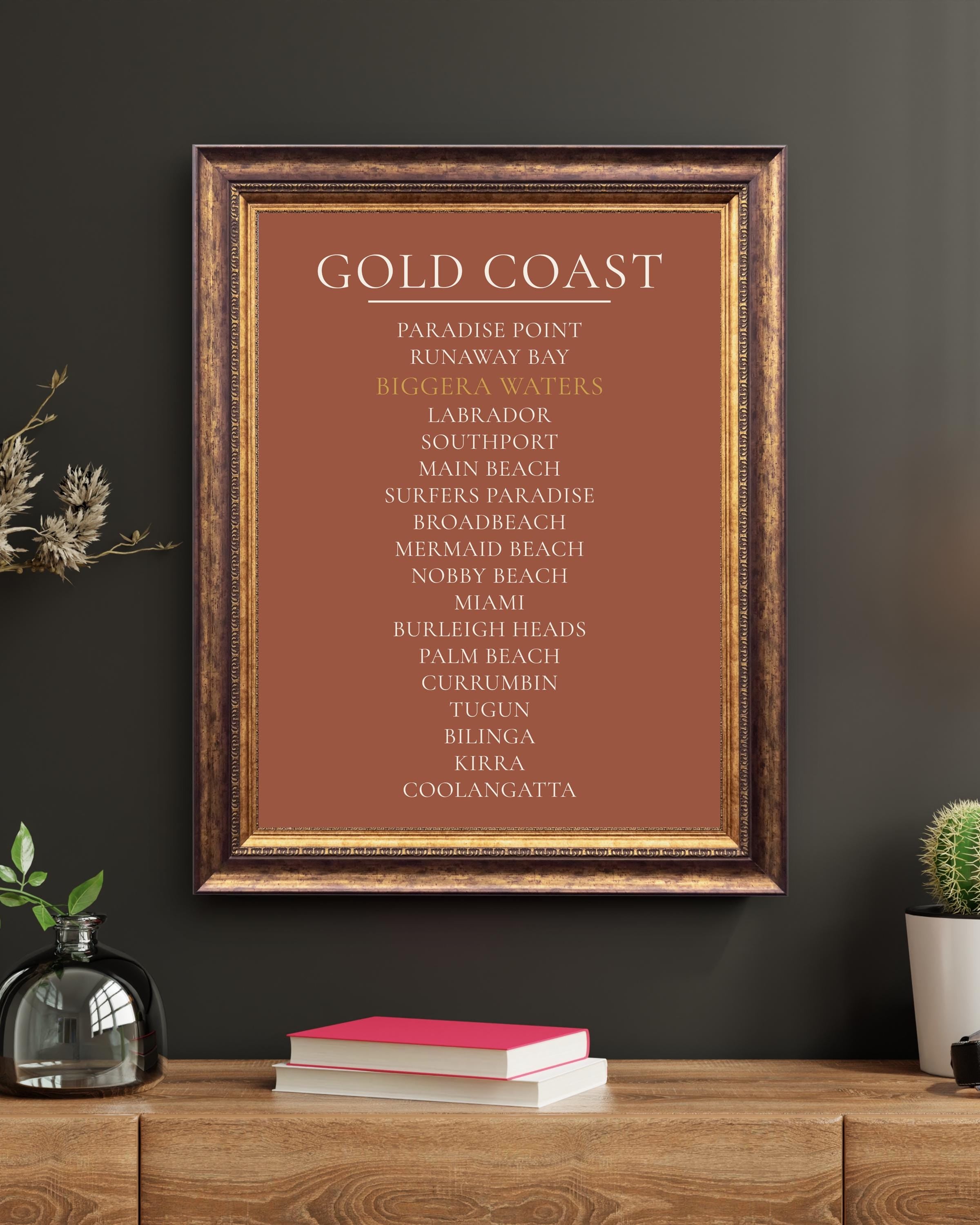 Gold Coast Print, Personalised Suburb Wall Art, Custom Coastline Poster, Terracotta, A2 A3, Queensland Beach Decor, Housewarming Gift