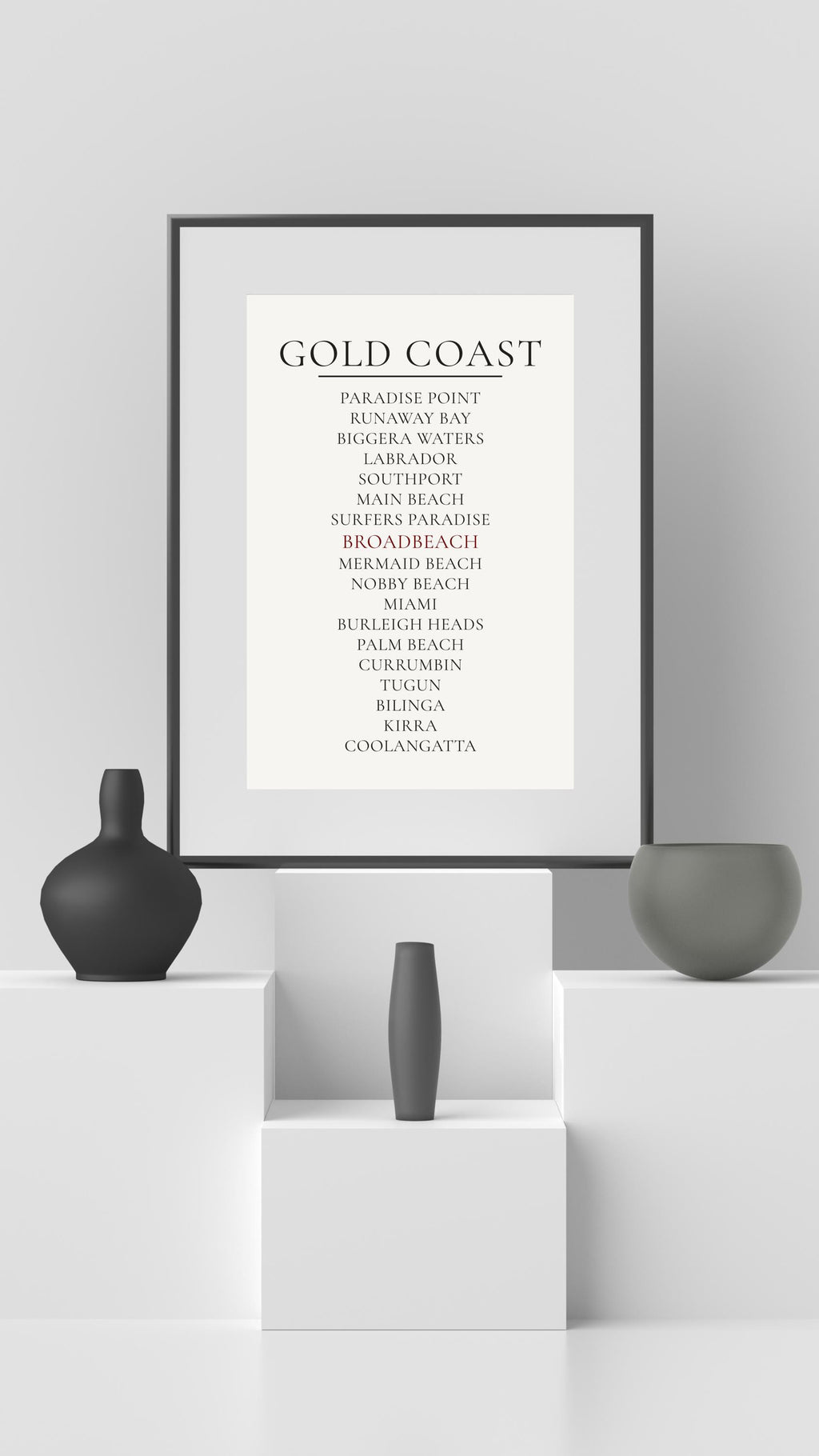 Gold Coast Print, Personalised Suburb Wall Art, Custom Coastline Poster, Soft Mono, A2 A3, Queensland Beach Decor, Housewarming Gift