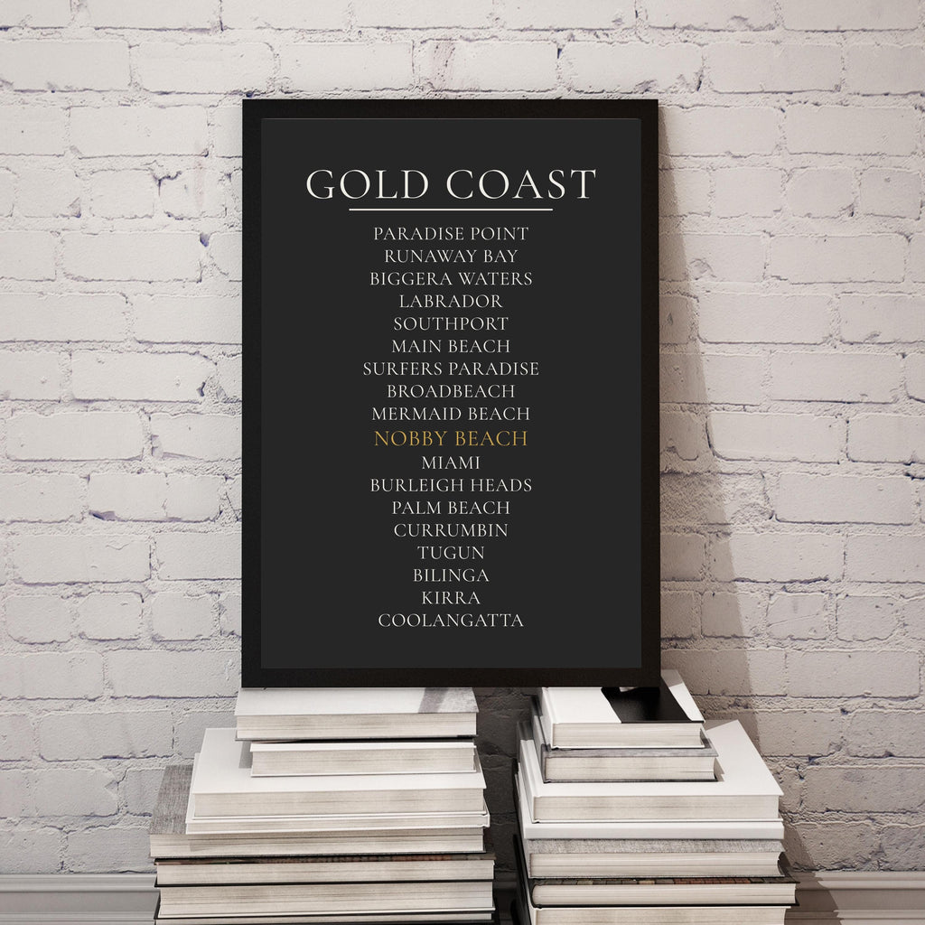Gold Coast Print, Personalised Suburb Wall Art, Custom Coastline Poster, Charcoal, A2 A3, Queensland Beach Decor, Housewarming Gift