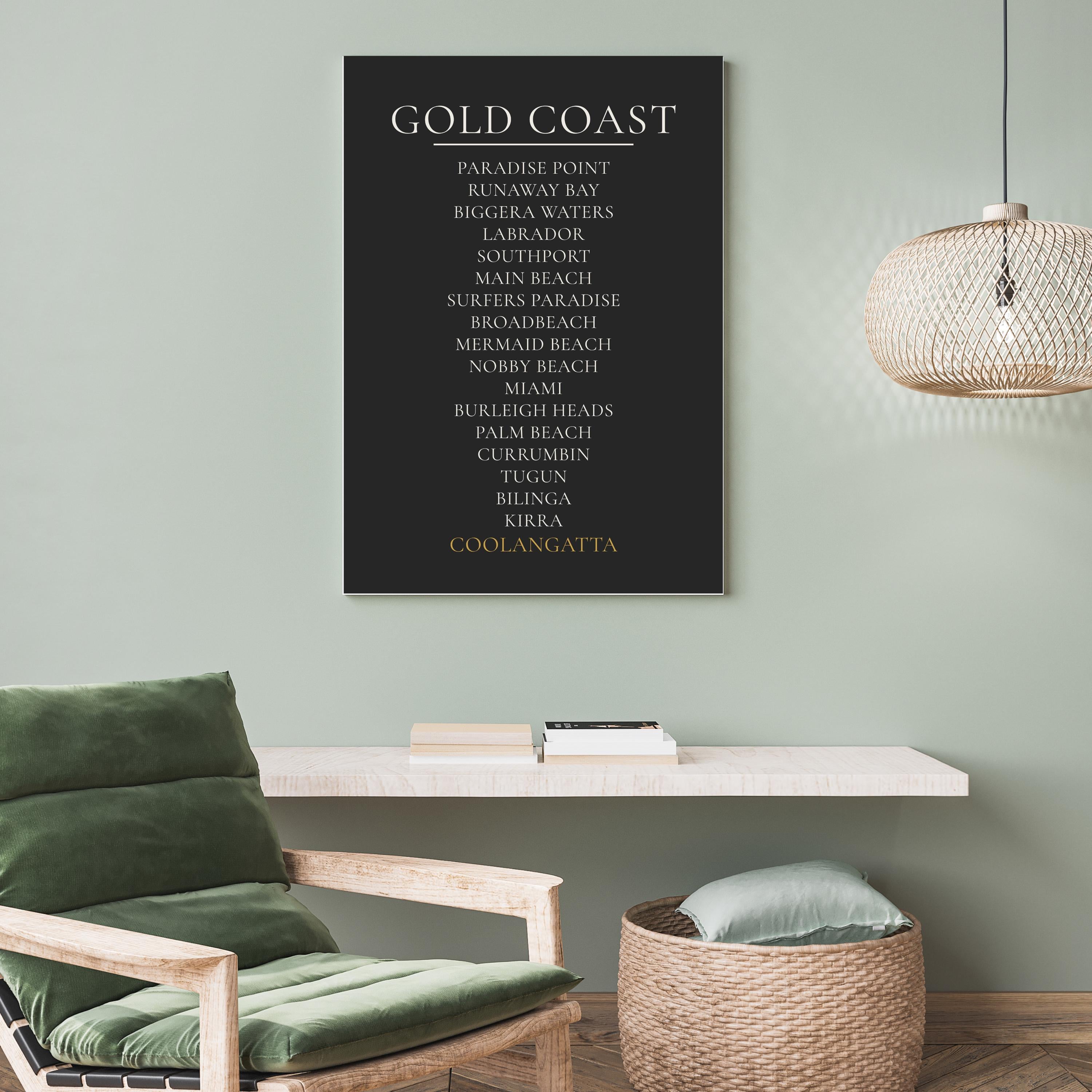 Gold Coast Print, Personalised Suburb Wall Art, Custom Coastline Poster, Charcoal, A2 A3, Queensland Beach Decor, Housewarming Gift