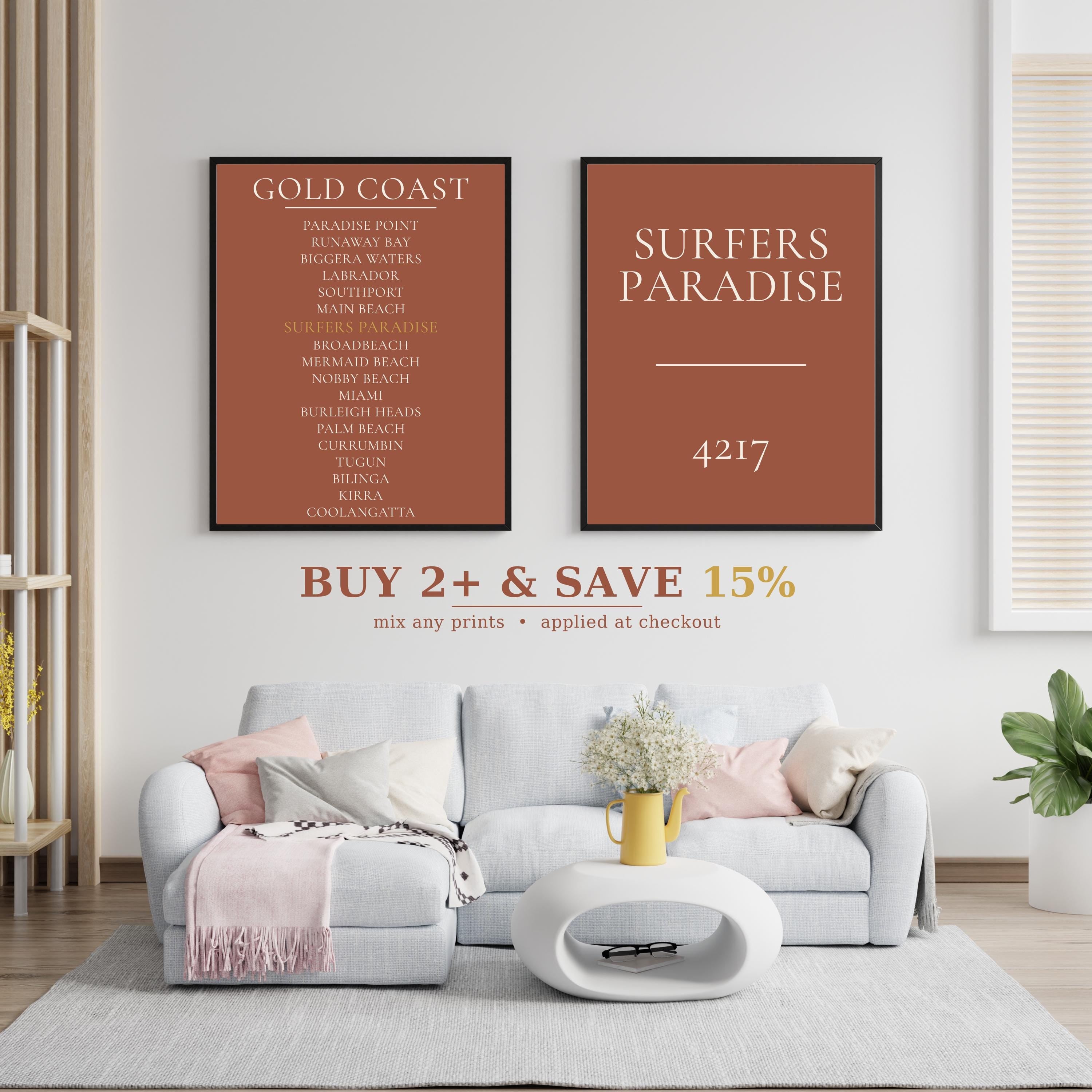 Gold Coast Print, Personalised Suburb Wall Art, Custom Coastline Poster, Terracotta, A2 A3, Queensland Beach Decor, Housewarming Gift