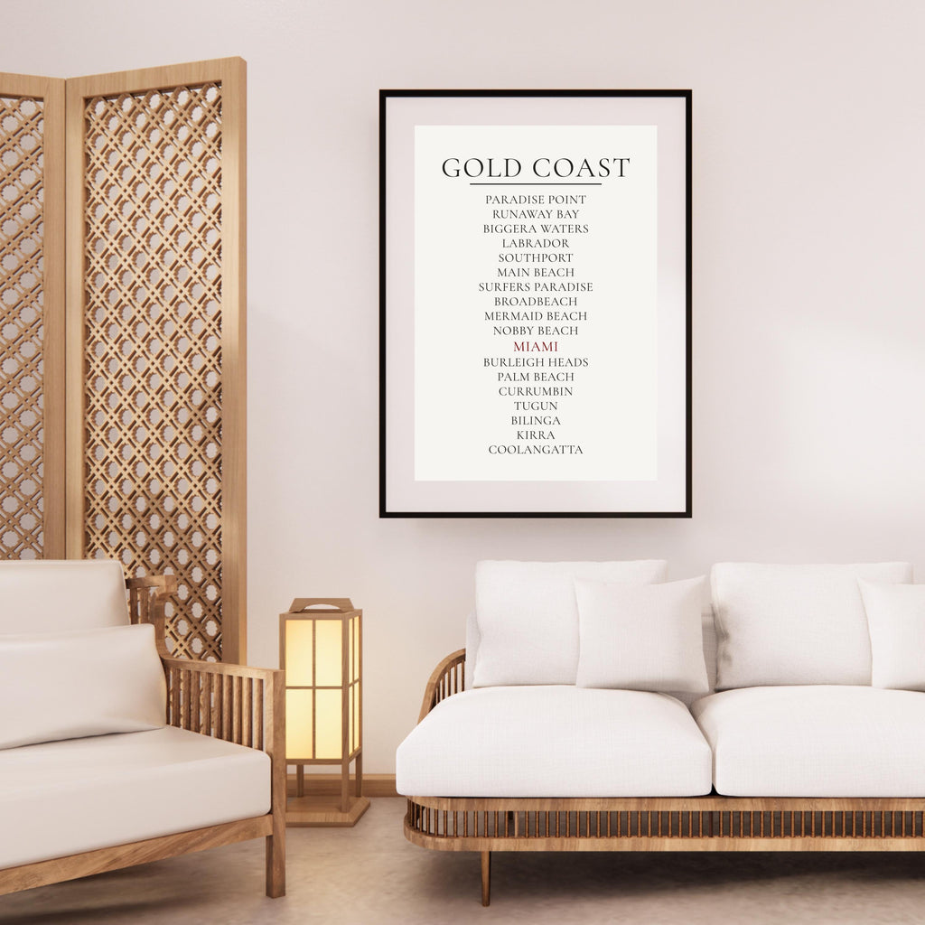 Gold Coast Print, Personalised Suburb Wall Art, Custom Coastline Poster, Soft Mono, A2 A3, Queensland Beach Decor, Housewarming Gift