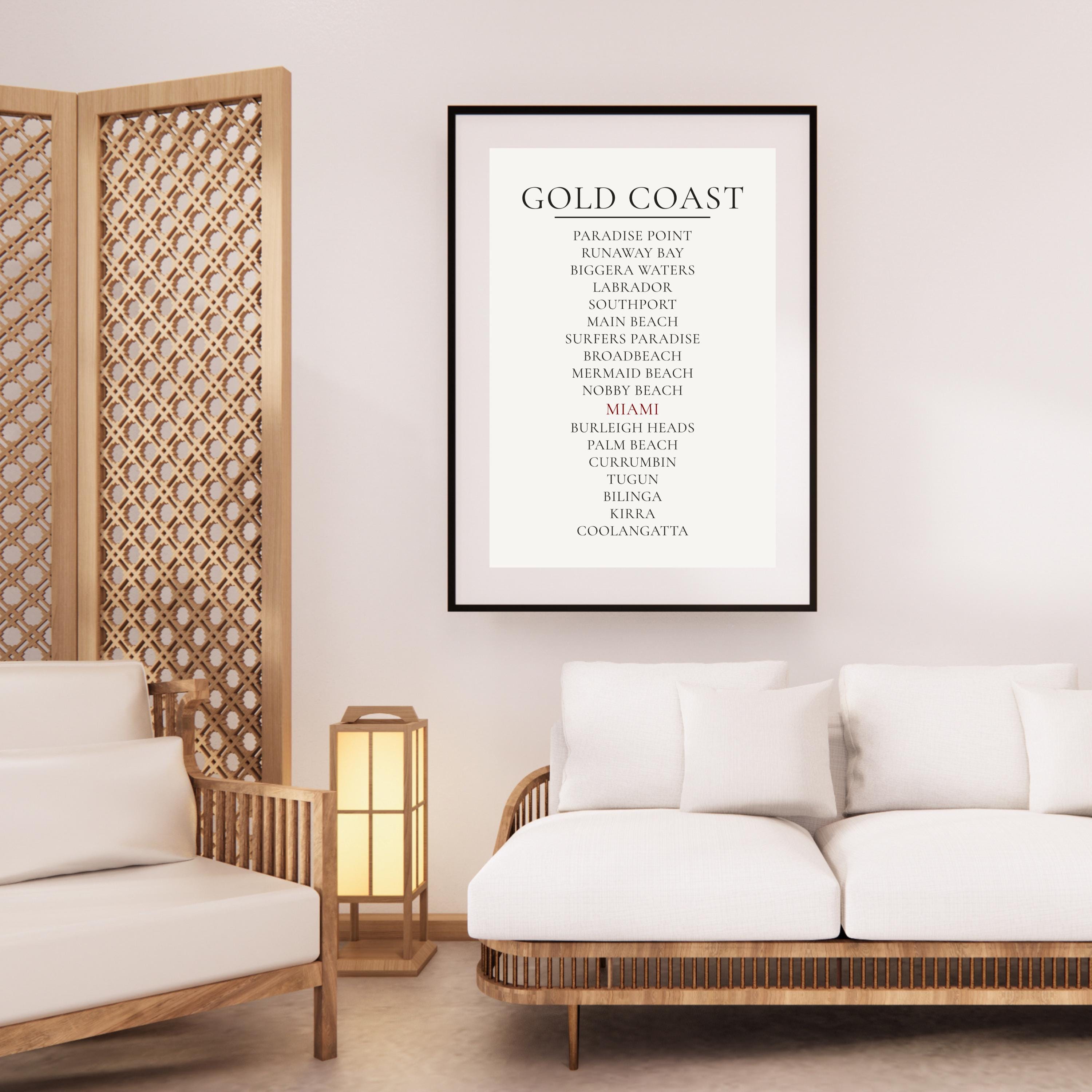 Gold Coast Print, Personalised Suburb Wall Art, Custom Coastline Poster, Soft Mono, A2 A3, Queensland Beach Decor, Housewarming Gift