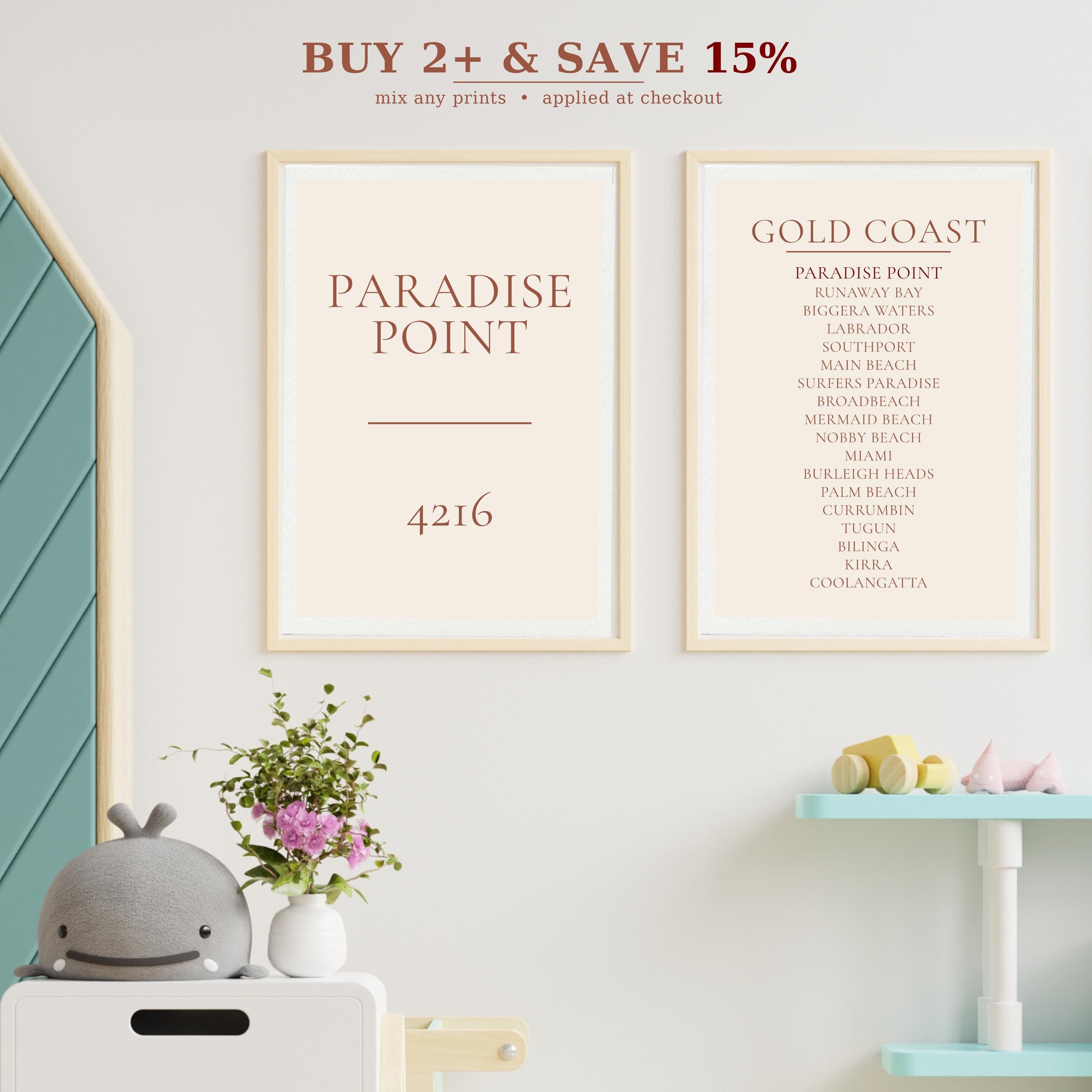 Gold Coast Print, Personalised Suburb Wall Art, Custom Coastline Poster, Warm Cream, A2 A3, Queensland Beach Decor, Housewarming Gift