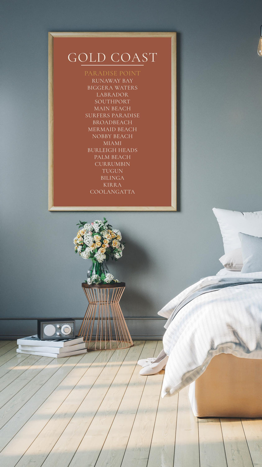 Gold Coast Print, Personalised Suburb Wall Art, Custom Coastline Poster, Terracotta, A2 A3, Queensland Beach Decor, Housewarming Gift