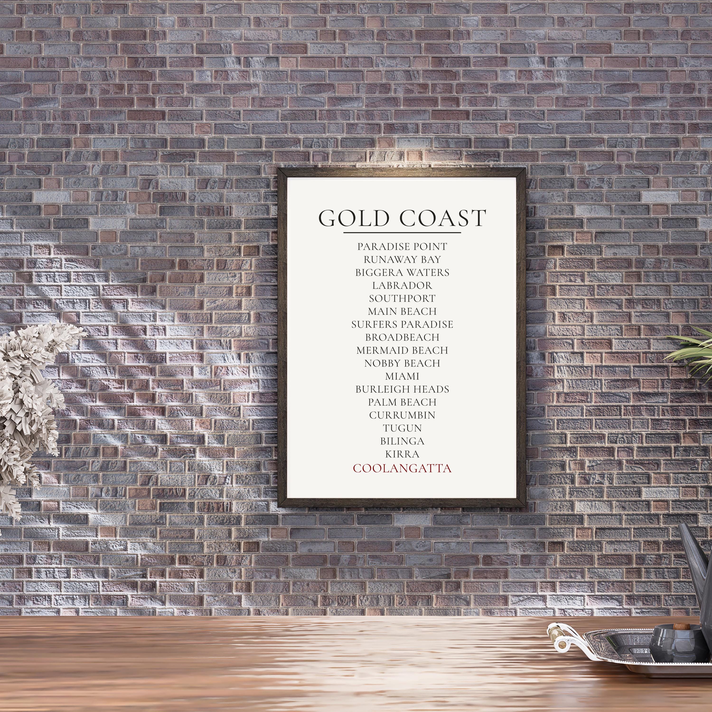 Gold Coast Print, Personalised Suburb Wall Art, Custom Coastline Poster, Soft Mono, A2 A3, Queensland Beach Decor, Housewarming Gift