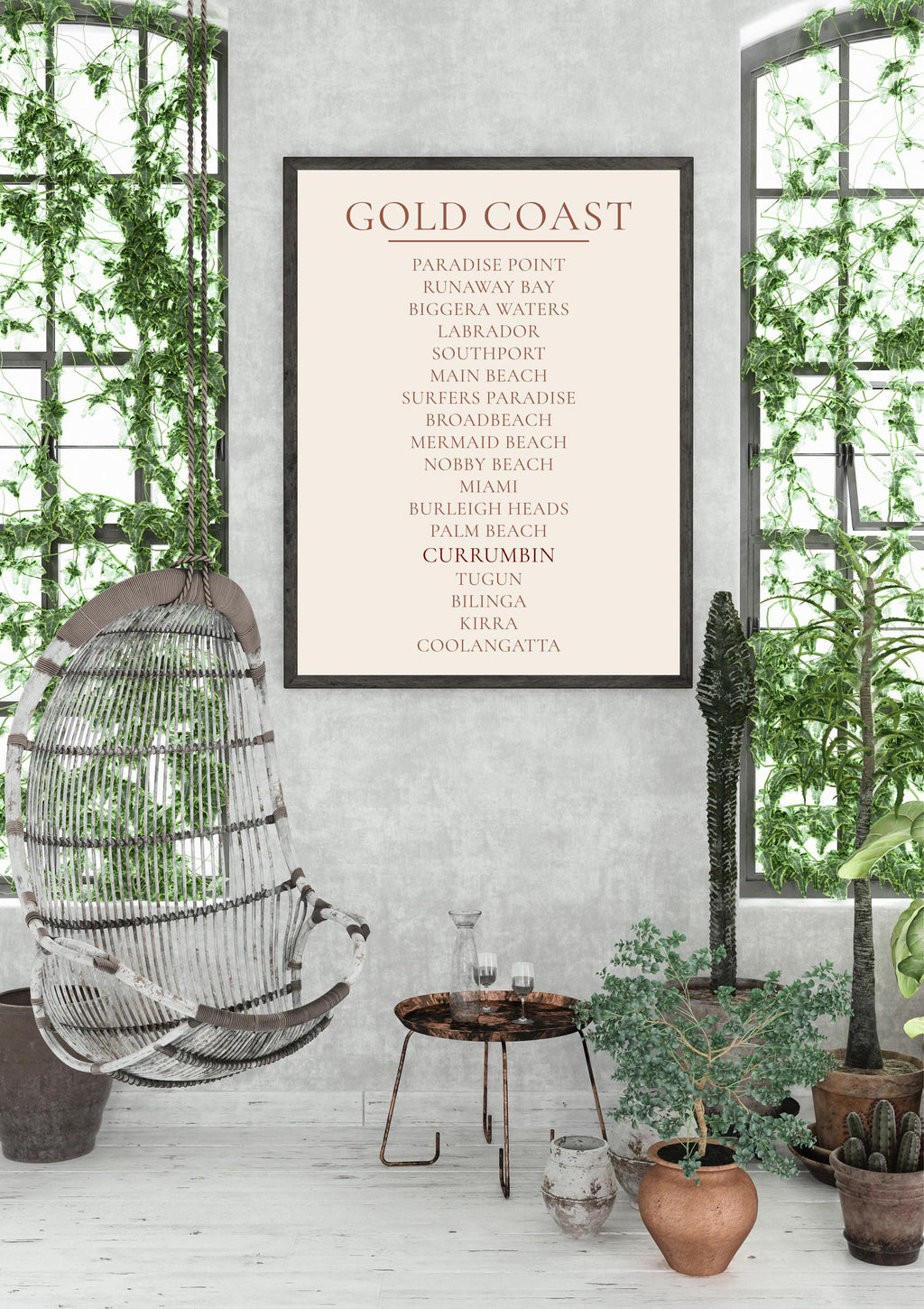 Gold Coast Print, Personalised Suburb Wall Art, Custom Coastline Poster, Warm Cream, A2 A3, Queensland Beach Decor, Housewarming Gift