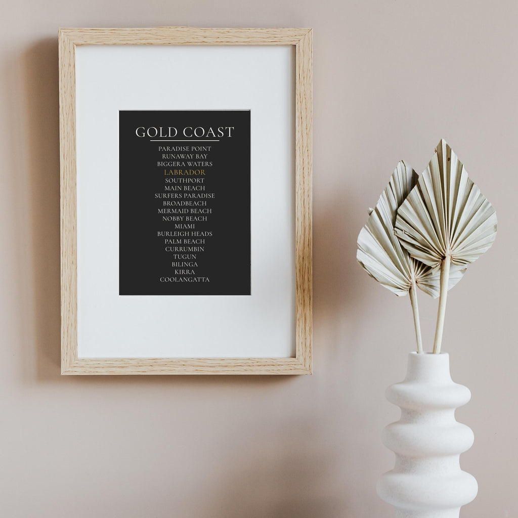 Gold Coast Print, Personalised Suburb Wall Art, Custom Coastline Poster, Charcoal, A2 A3, Queensland Beach Decor, Housewarming Gift