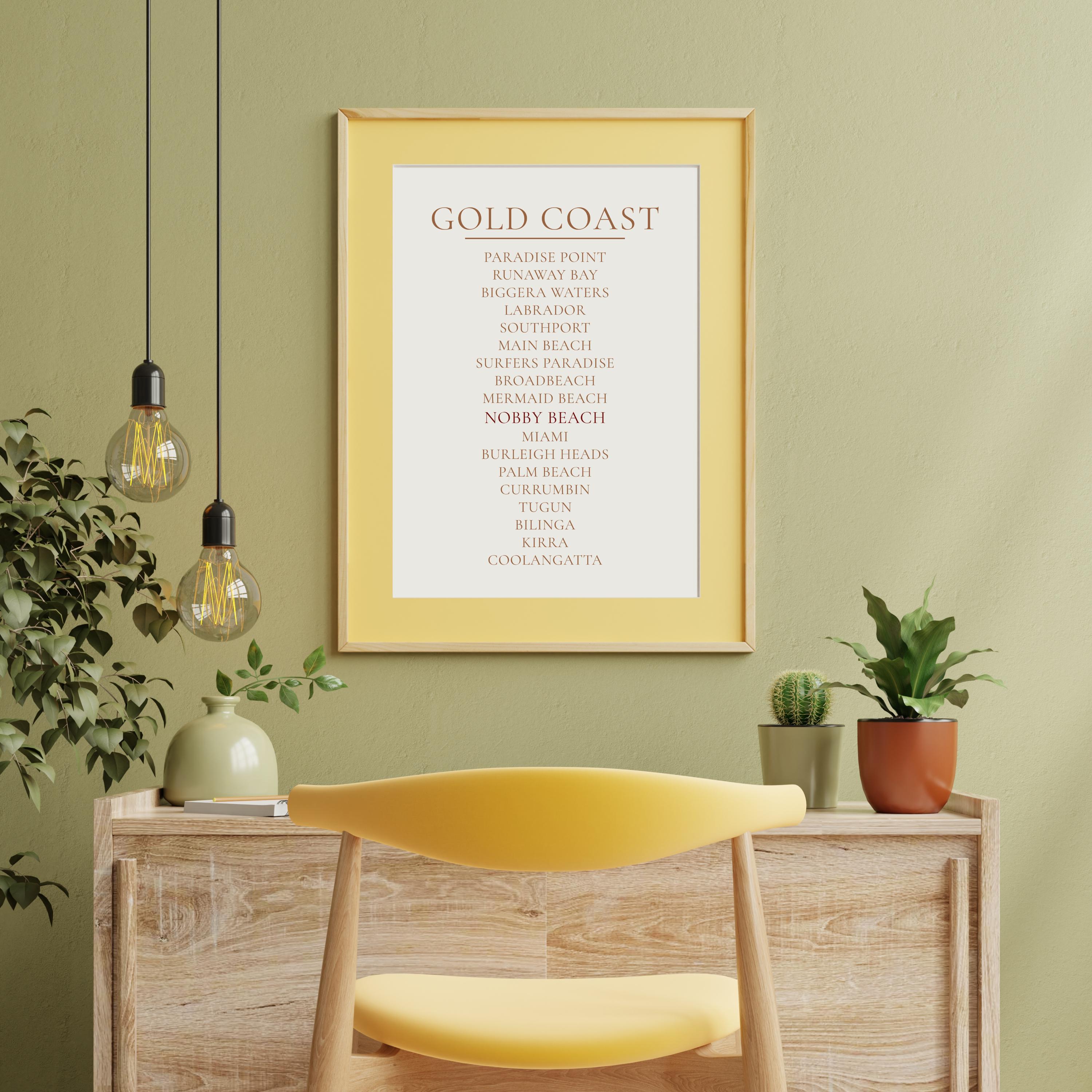 Gold Coast Print, Personalised Suburb Wall Art, Custom Coastline Poster, Warm Cream, A2 A3, Queensland Beach Decor, Housewarming Gift