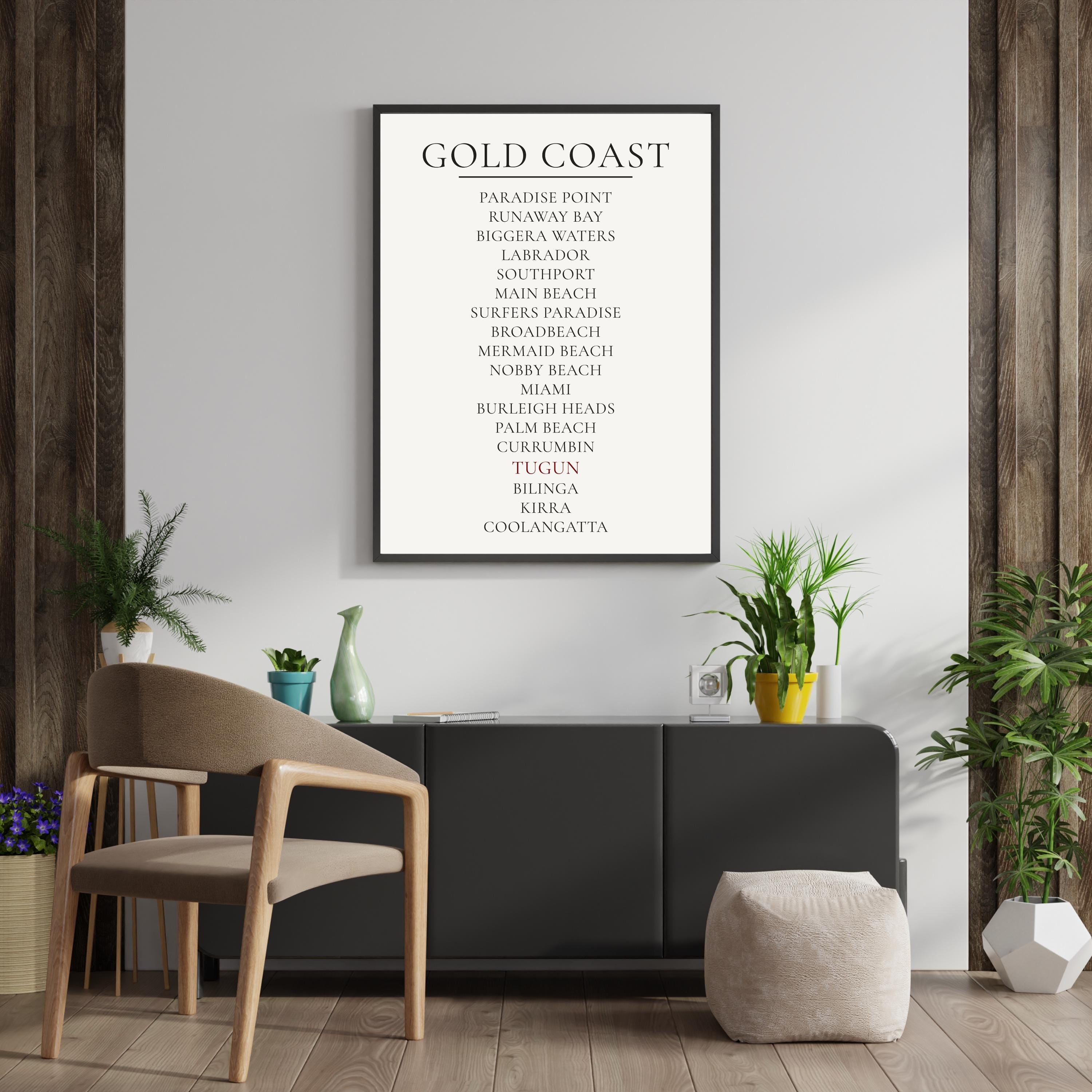 Gold Coast Print, Personalised Suburb Wall Art, Custom Coastline Poster, Soft Mono, A2 A3, Queensland Beach Decor, Housewarming Gift