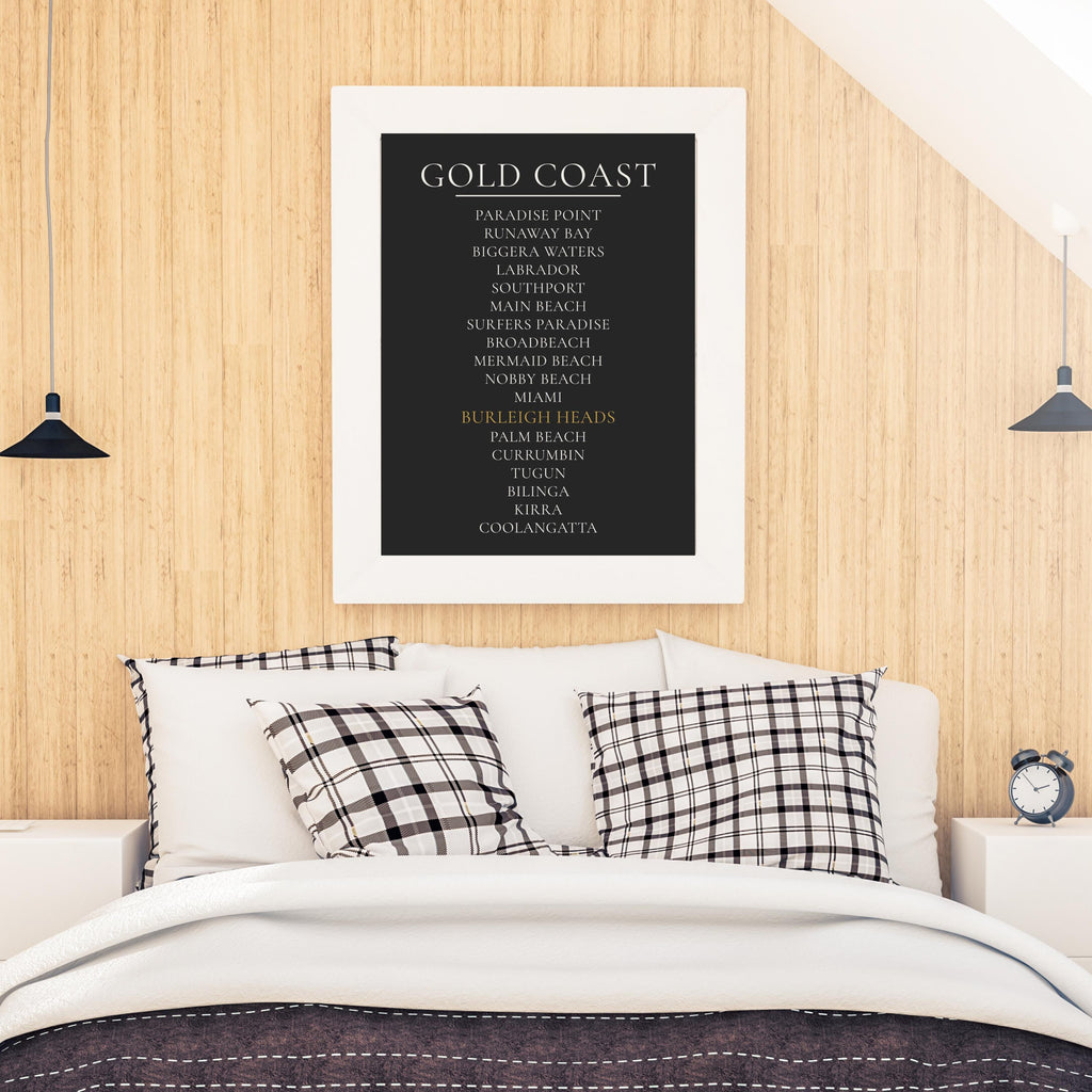 Gold Coast Print, Personalised Suburb Wall Art, Custom Coastline Poster, Charcoal, A2 A3, Queensland Beach Decor, Housewarming Gift