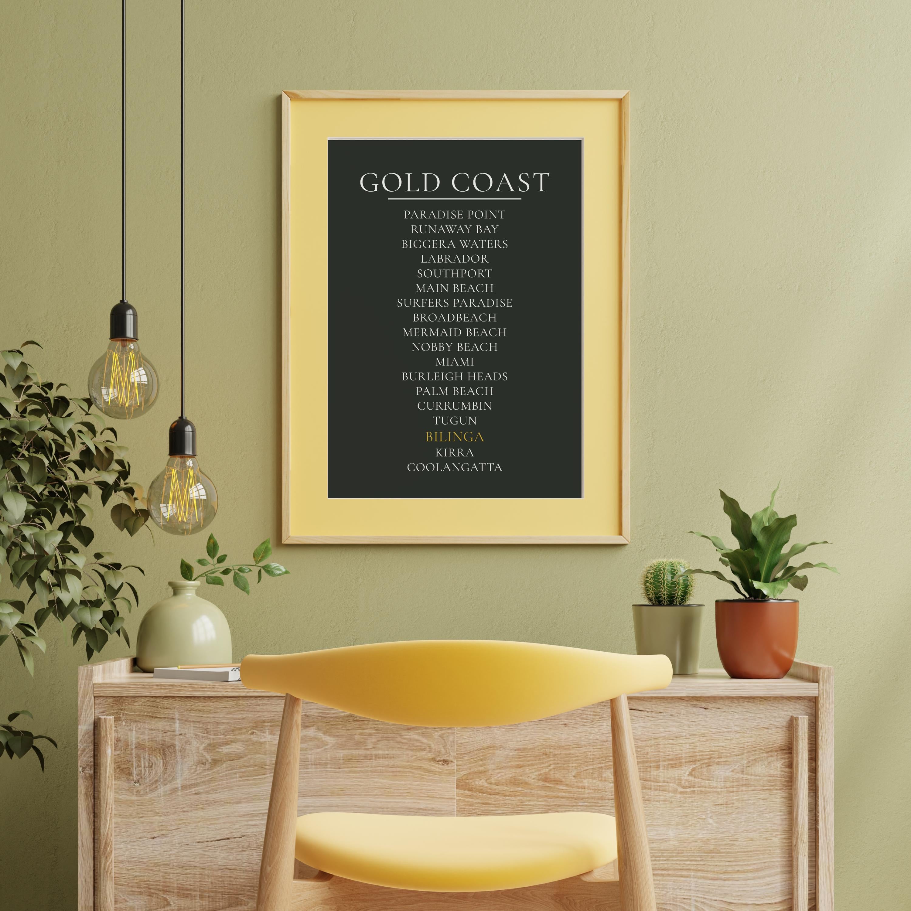 Gold Coast Print, Personalised Suburb Wall Art, Custom Coastline Poster, Charcoal, A2 A3, Queensland Beach Decor, Housewarming Gift