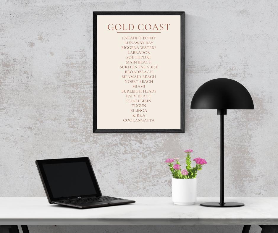 Gold Coast Print, Personalised Suburb Wall Art, Custom Coastline Poster, Warm Cream, A2 A3, Queensland Beach Decor, Housewarming Gift
