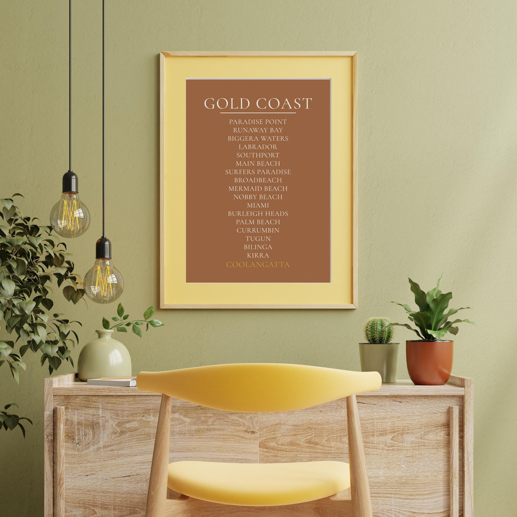 Gold Coast Print, Personalised Suburb Wall Art, Custom Coastline Poster, Terracotta, A2 A3, Queensland Beach Decor, Housewarming Gift