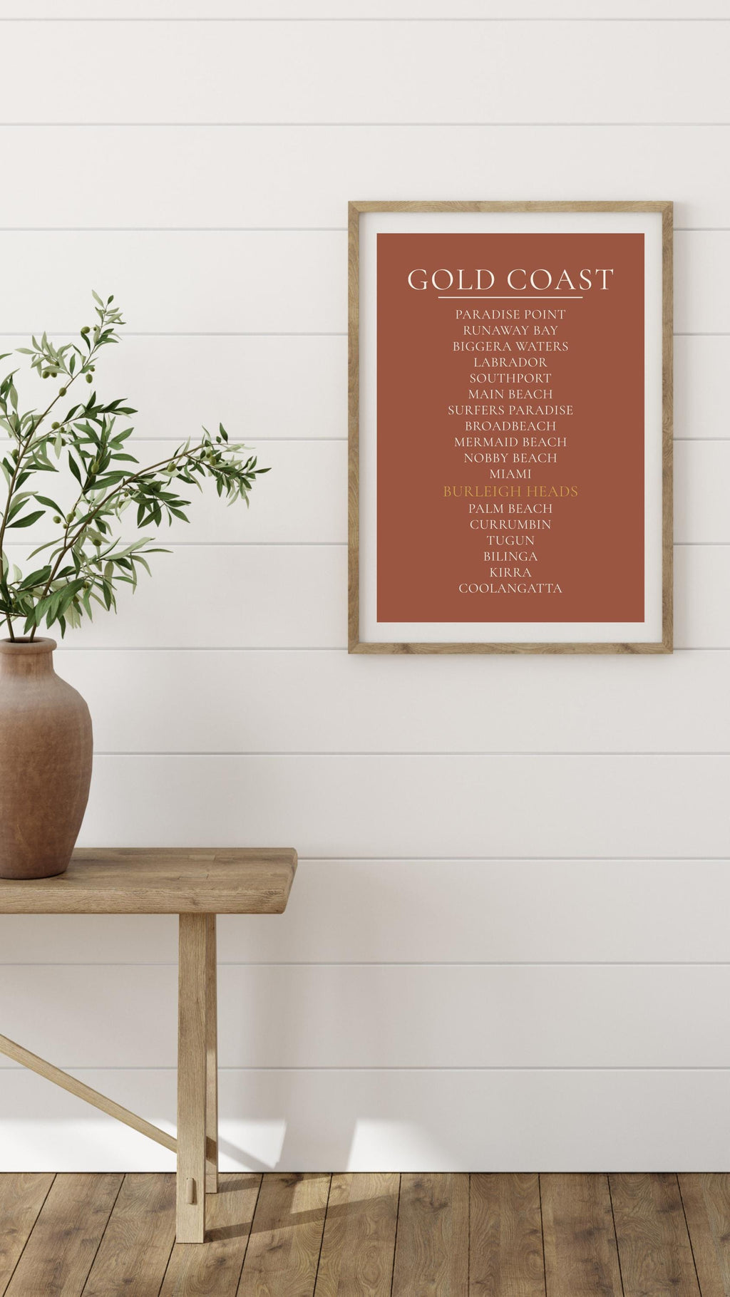 Gold Coast Print, Personalised Suburb Wall Art, Custom Coastline Poster, Terracotta, A2 A3, Queensland Beach Decor, Housewarming Gift