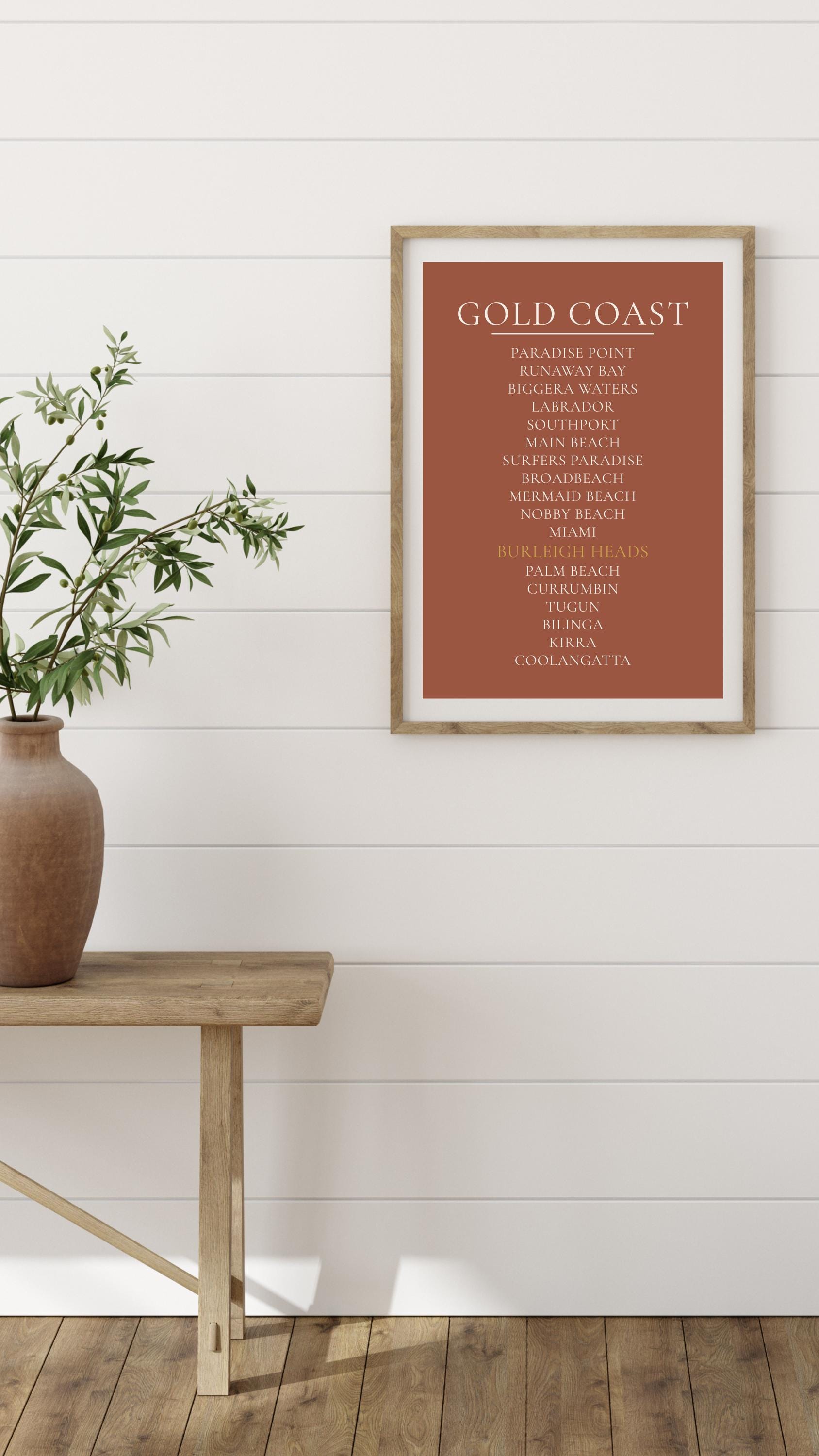 Gold Coast Print, Personalised Suburb Wall Art, Custom Coastline Poster, Terracotta, A2 A3, Queensland Beach Decor, Housewarming Gift
