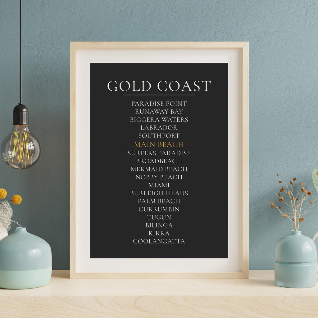 Gold Coast Print, Personalised Suburb Wall Art, Custom Coastline Poster, Charcoal, A2 A3, Queensland Beach Decor, Housewarming Gift
