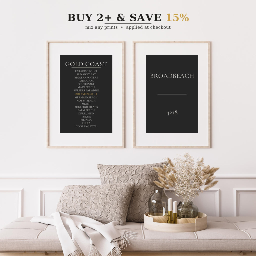 Gold Coast Print, Personalised Suburb Wall Art, Custom Coastline Poster, Charcoal, A2 A3, Queensland Beach Decor, Housewarming Gift