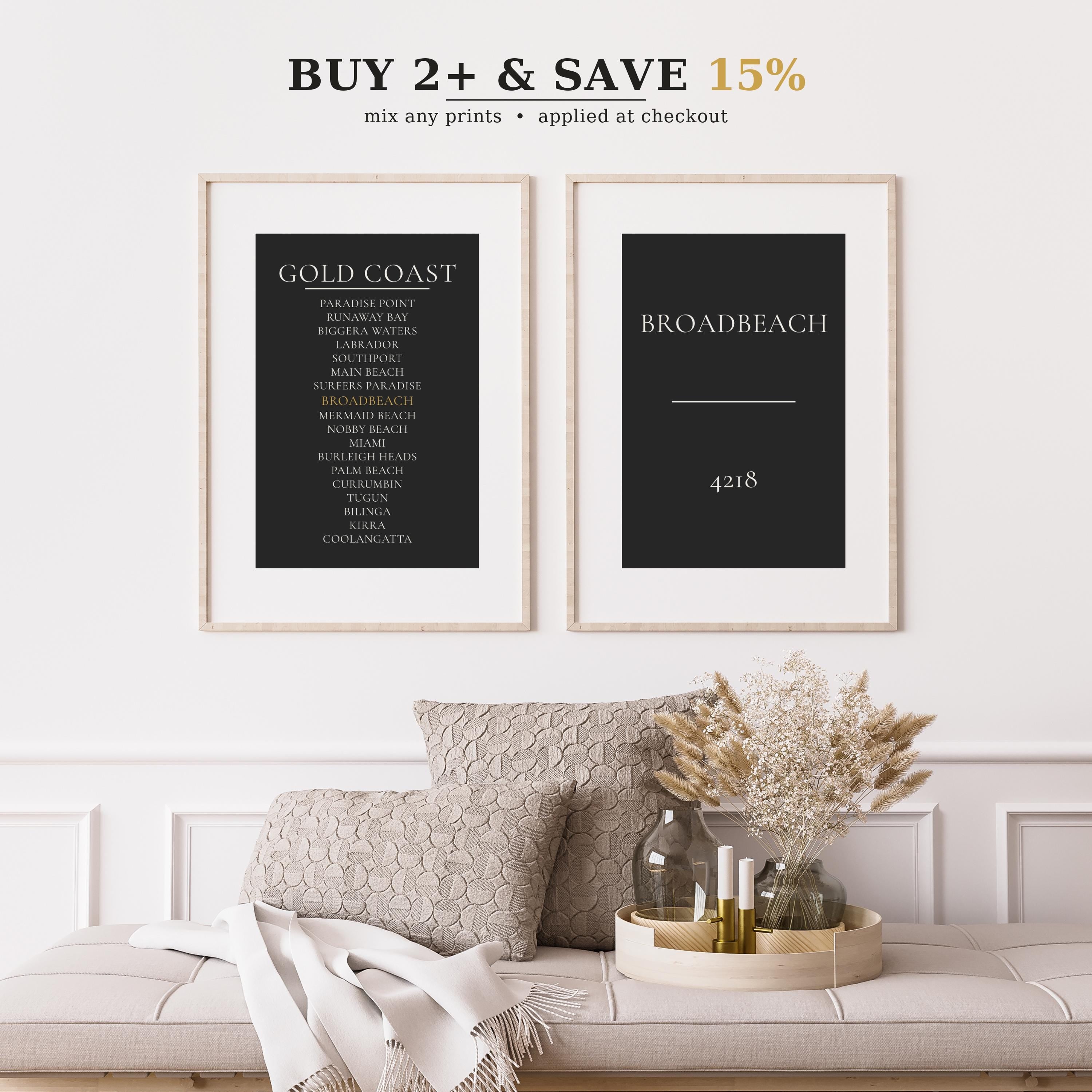 Gold Coast Print, Personalised Suburb Wall Art, Custom Coastline Poster, Charcoal, A2 A3, Queensland Beach Decor, Housewarming Gift